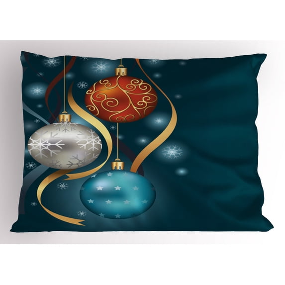 Christmas Pillow Sham Vivid Classical Baubles with Ribbons and Different Patterns Abstract, Decorative Standard Size Printed Pillowcase, 26 X 20 Inches, Petrol Blue Grey Red, by Ambesonne