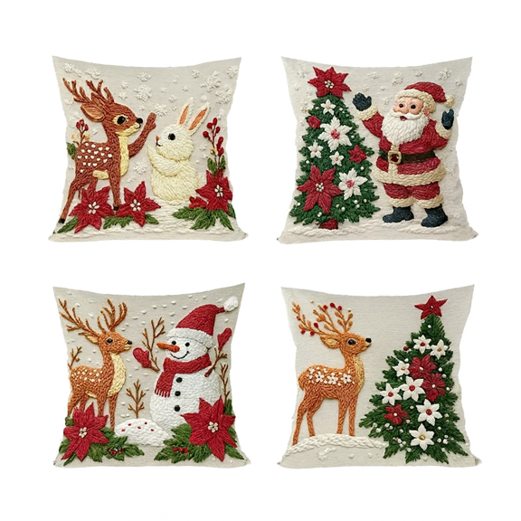 Christmas Pillowcase Set, Peach Skin, 4 Pieces, 18 x 18 Inch, Holiday Theme, Santa Reindeer Snowman