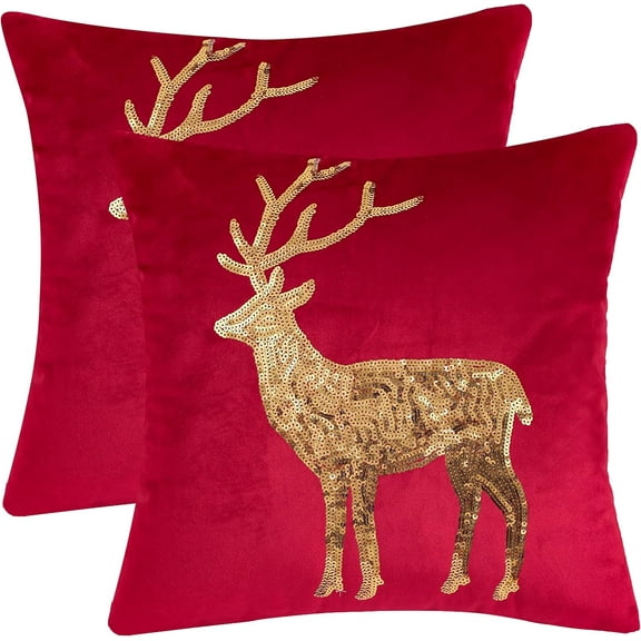Christmas Pillowcases 18 x 18 inch Set of 2 Red Christmas Deer Sequins Throw Pillow Cover Christmas Pillow case Christmas Party Decor Winter Holiday Cushion Case