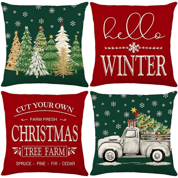 Christmas Pillowcases 18x18 Set of 4 Cute Xmas Tree  Pillow Cases Linen Cushion Cover Christmas Decorations for Home Bed Couch