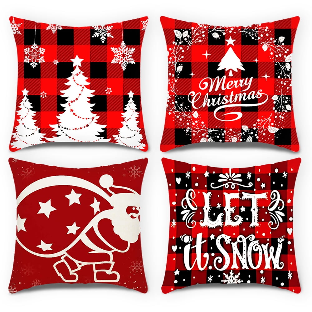 Wohnkutu Christmas Tree Outdoor Lumbar Pillow with Insert & Straps,  Waterproof Decorative Throw Pillow for Patio, Xmas Snowflake Elk Berry Red  Black