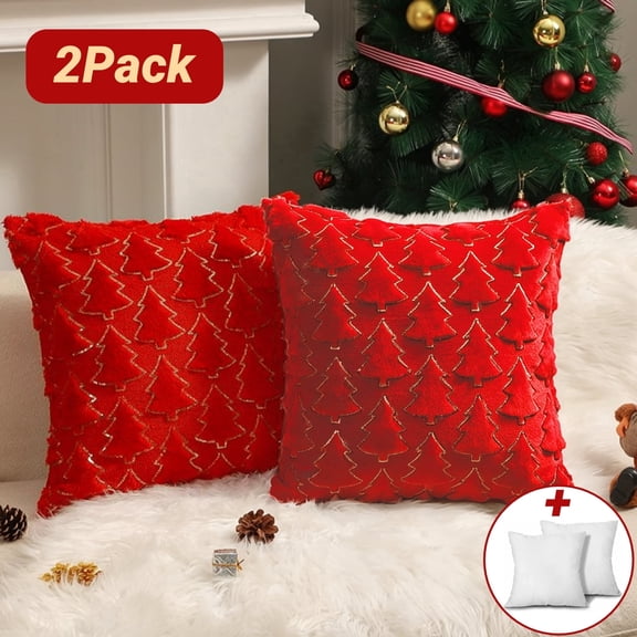 Christmas Pillows, Yamaziot Christmas Throw Pillows, 2Pack Christmas Tree Decorative Pillows Plush Sofa Cushion for Couch Xmas Home Decor, 18" x 18", Red