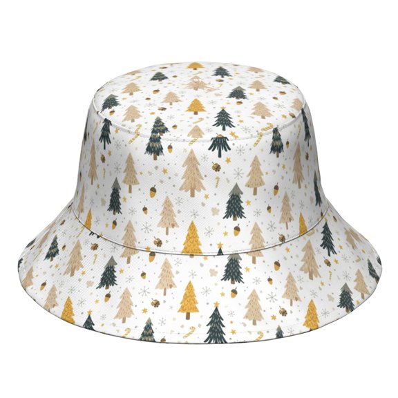 Christmas Pine Acorn Candy Cane Pattern Bucket Hat, Travel Foldable Hat with Wide Brim & Breathable Fabric, Polyester Twill Gifts for Hiking Camping Fishing Beach