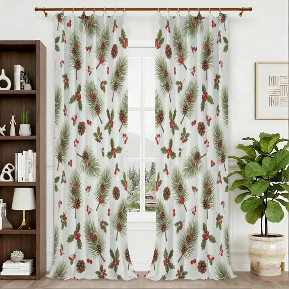 Christmas Pine Branch Holly Pattern Pinch Pleat Semi Sheer Linen ...