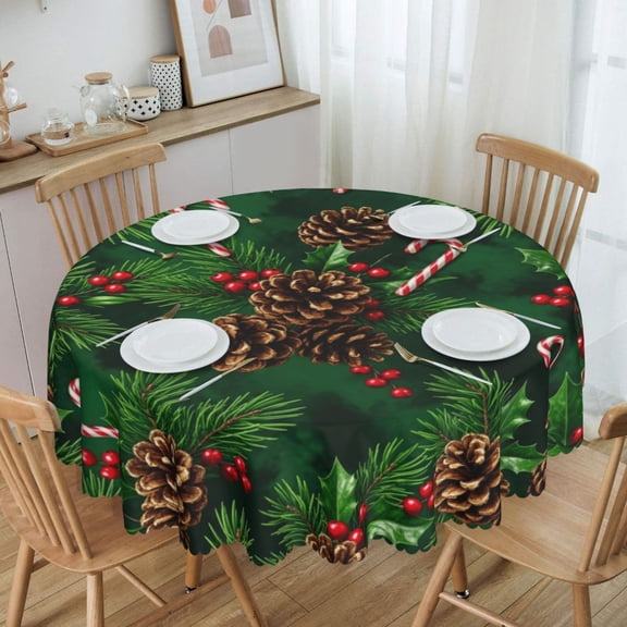 Christmas Pine Candy Cane Round Tablecloth Waterproof Oil Proof Spill Proof Table Cloth 70" for Camping, Dining, Indoor and Outdoor Table Cover