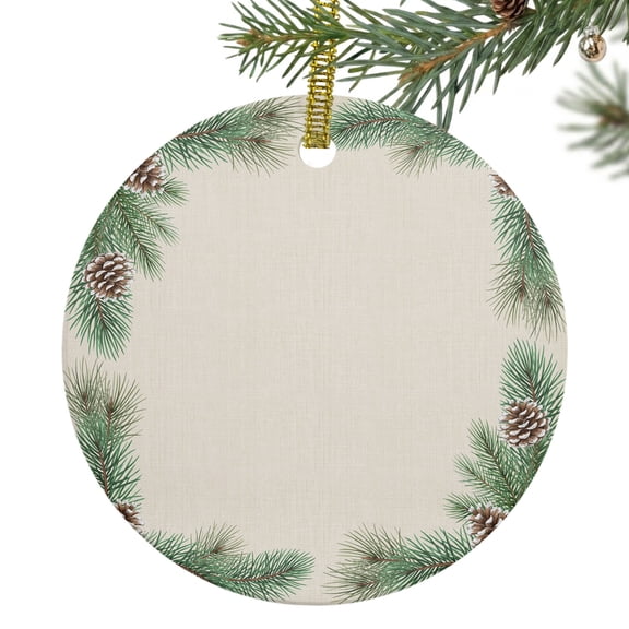 Christmas Pine Ceramic Ornament 3 Inch Winter Vintage Farmhouse Green Leaf Pine Cone Round Porcelain Christmas Ornaments with Gold String for Holiday Party Xmas Tree Decor Gift for Friends Family