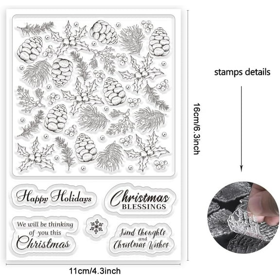 Christmas Pine Cone Leaves Silicone Clear Stamps for Card Making with Xmas Blessing Words for Crafting Scrapbooking Journaling Photo Album Decoration