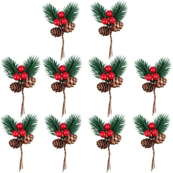 Christmas Pine Cone Picks Decorations 30 Pack Artificial Christmas Picks and Sprays Red Berry Stem Branches with Holly Leaves for Xmas Tree Christmas Wreath Decor (30)