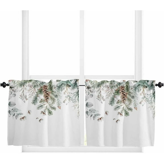 Christmas Pine Cone Window Tier Curtains 36 Inch Length, Winter Xmas Eucalyptus Leaves Rod Pocket Window Treatment Kitchen Drapes for Bedroom, Cafe, Living Room, 2 Panels, 27.5 W x 36 L