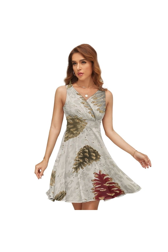 Christmas Pine Cone Women's Tank Dress V Neck Sleeveless Summer Sundress