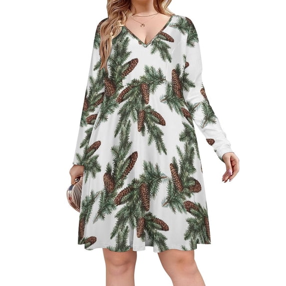 Christmas Pine Cones Green Long Sleeve Dresses For Women Vintage Elegant Party Dress Oversized V-neck Dress S-8XL