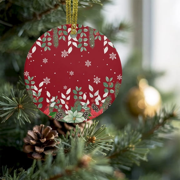 Christmas Pine Cones on Red Christmas Ceramic Ornament 2026,3" Round Xmas Tree Hanging Accessories with Gold Ribbon,Leaf on Top Pendant Ornaments for Holiday Gift Home Party Decor