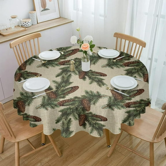 Christmas Pine Cones Round Tablecloth 60 Inch - Waterproof Fabric Table Cloth Protector, Green Winter Xmas Tree Branches Burlap Tablecloths Washable Table Cover for Kitchen Banquet Coffee Table Party