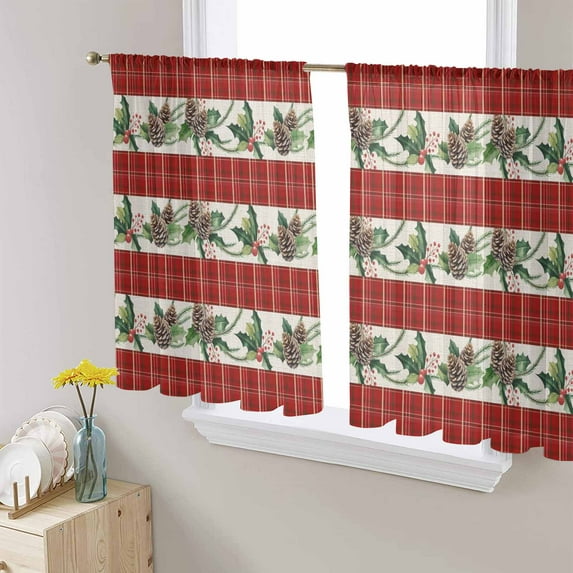 Christmas Pine Cones Sheer Curtains 54 Inches Long, Classic Red Buffalo Plaid Winter Light Filtering Window Curtains for Living Room/Bedroom, Rod Pocket Voile Sheer Drapes, 52"Wx54"L, 2 Panels