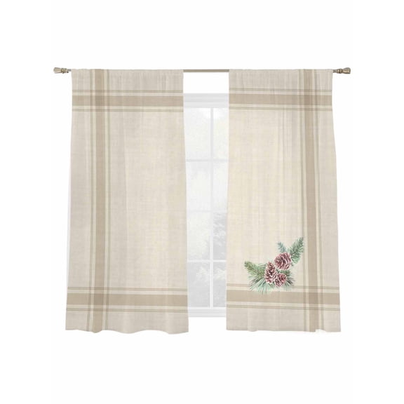 Christmas Pine Cones Sheer Curtains 63 inches Long, Winter Vintage Beige Brown Striped Linen Bottom Light Filtering Sheer Window Curtains Rod Pocket Voile Drapes for Bedroom Living Room, 52"Wx63"L