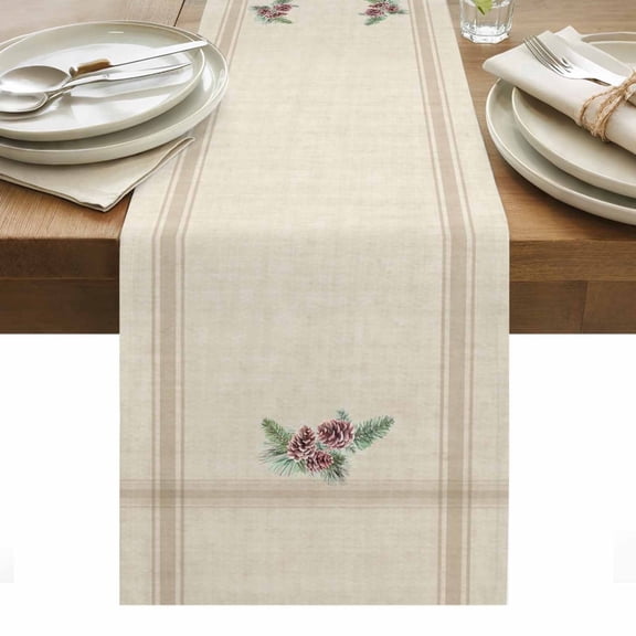 Christmas Pine Cones Table Runner, Winter Vintage Beige Brown Striped Linen Bottom Kitchen Dining Table Decoration for Home Party Decor 13" x 72"