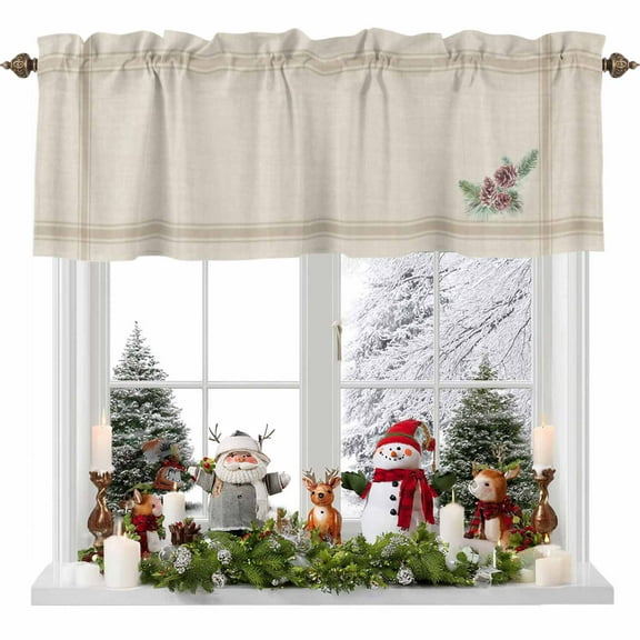 Christmas Pine Cones Valance Curtain for Windows Winter Vintage Beige Brown Striped Linen Bottom Curtain Valances Short Window Treatments Panels for Kitchen Bathroom Laundry Room 60 x 18 Inch
