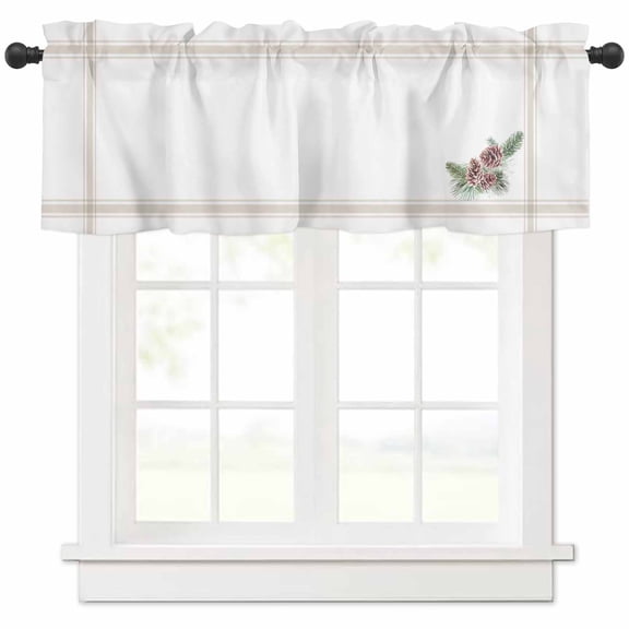 Christmas Pine Cones Valances for Windows, Winter Vintage Brown Striped Light Filtering Window Treatment Valances, Rod Pocket Small Curtains for Kitchen/Bathroom, 56"x16"