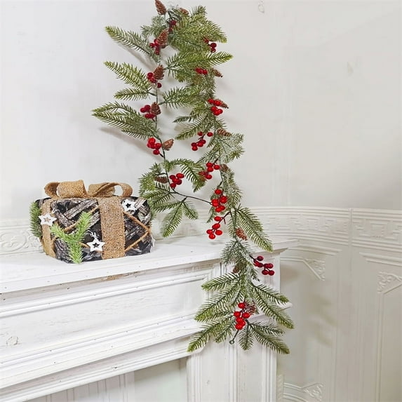 Christmas Pine Garland, 5.9ft Natural Rustic Christmas Garland with Lights, Ideal for Decorating Rooms, Fireplaces, Chandeliers, Stairs