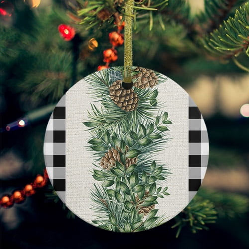 Christmas Pine Needle Ceramic Ornaments, Xmas Pine Cones Black White Plaid Round Porcelain Hanging Ornaments with Gold String, Xmas Decorations Keepsake Gifts for Holiday Home Party 3''
