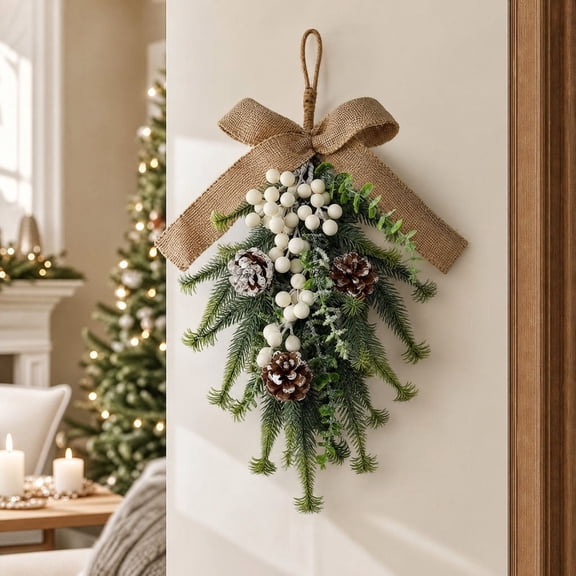 Christmas Pine Needle Wall Hanging 17.72in with Berries Pinecones for Door Window Fireplace Decor