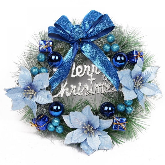 Christmas Pine Needle Wreath, PVC Ring Door Frame Window Pendant, 12In Christmas Wreath, Decorated with Bells, Balls, Bows, Letter - Merry Christmas Front Door Wall Christmas Tree Decorations (Blue)