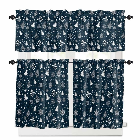 Christmas Pine Needles Kitchen Curtains and Valances Set, Xmas Tree Stars Snowflake Hand Painted Blue Rod Pocket Window Valance Window Curtain Panels for Living Room Bedroom, 27.5x36in, 3 Pieces