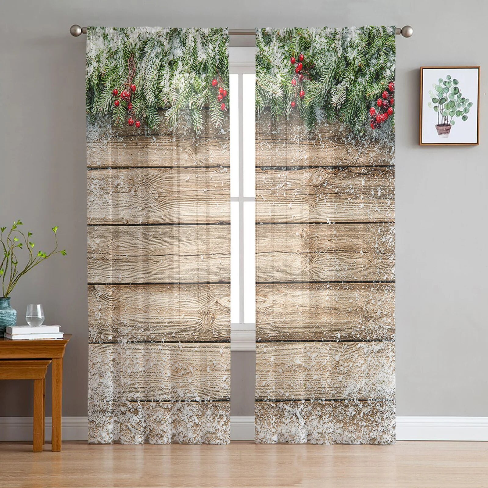 Christmas Pine Snowflake Tulle Curtains for Living Room Bedroom Decor