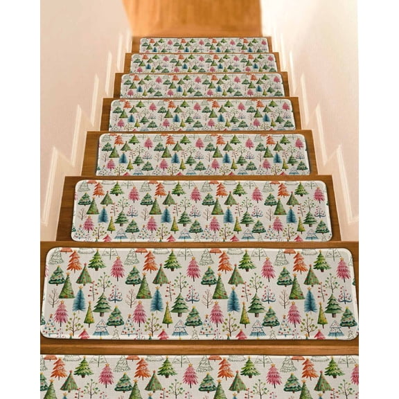 Christmas Pine Stair Treads for Wooden Steps Indoor Runner Rug Carpet, Winter Colorful Xmas Trees Plant Beige 4 Pieces Peel and Stick Staircase Step Treads Covers Washable Throw Door Mats, 30"x8"