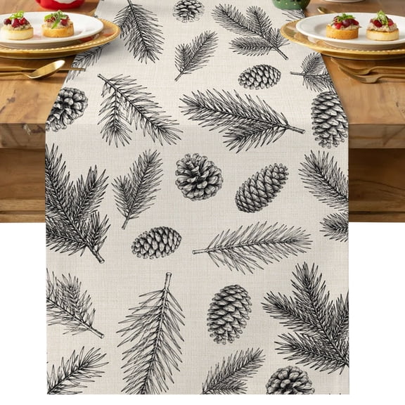 Christmas Pine Table Runner 13x36 Inch Winter Country Vintage Farmhouse Pine Cone Leaf Cotton Linen Dining Table Runner Ideal for Dresser Kitchen Coffee Tables - Machine Washable