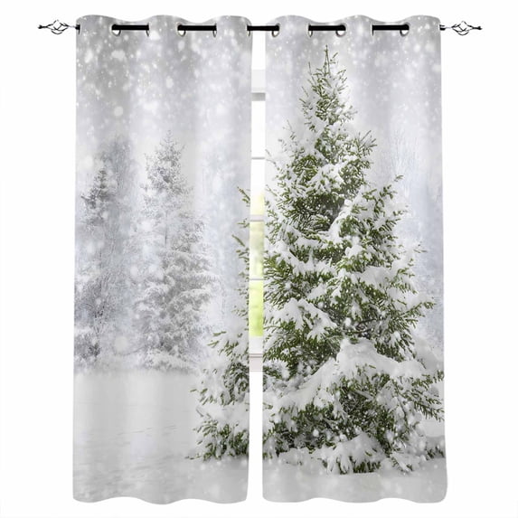 Christmas Pine Tree Blackout Curtains 63 Inches Long, Winter Snowflakes Forest Snowfall Thermal Insulated Black Out Curtains, Darkening Window Curtain Drapes for Bedroom Living Room 52"x63" 2 Panels