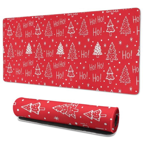 Christmas Pine Tree Ho Text Pattern Extended Large Mouse Pad, Keyboard Mouse Pad with Non Slip Base & Stitched Edges, Thick Padded Gifts for Office Work Gaming,35.4"x15.7"