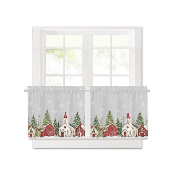Christmas Pine Tree Rustic Barn Short Blackout Curtains,Winter Snowflake Snow Theme Rod Pocket Kitchen Curtains,2 Panels Thermal Insulated Room Darkening Drapes for Bedroom,30"Wx30"L