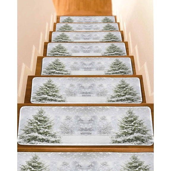 Christmas Pine Tree Stair Treads for Wooden Steps Indoor Runner Rug Carpet, Winter Snowflakes Forest Snowfall 4 Pieces Peel and Stick Staircase Step Treads Covers Washable Throw Door Mats, 30"x8"
