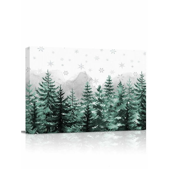 Christmas Pine Trees Canvas Print Wall Art Winter Snowflakes Forests Watercolor Pictures Painting Morden Artwork for Living Room Bedroom, Ready to Hang - 12"x16"