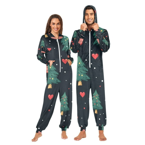 Christmas Pine Trees Hearts Adult Onesie Pajamas Slim Fit Christmas One Piece Suit Pjs for Women and Men Hooded Zipper