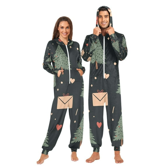 Christmas Pine Trees Hearts Gifts Adult Onesie Pajamas Slim Fit Christmas One Piece Suit Pjs for Women and Men Hooded Zipper