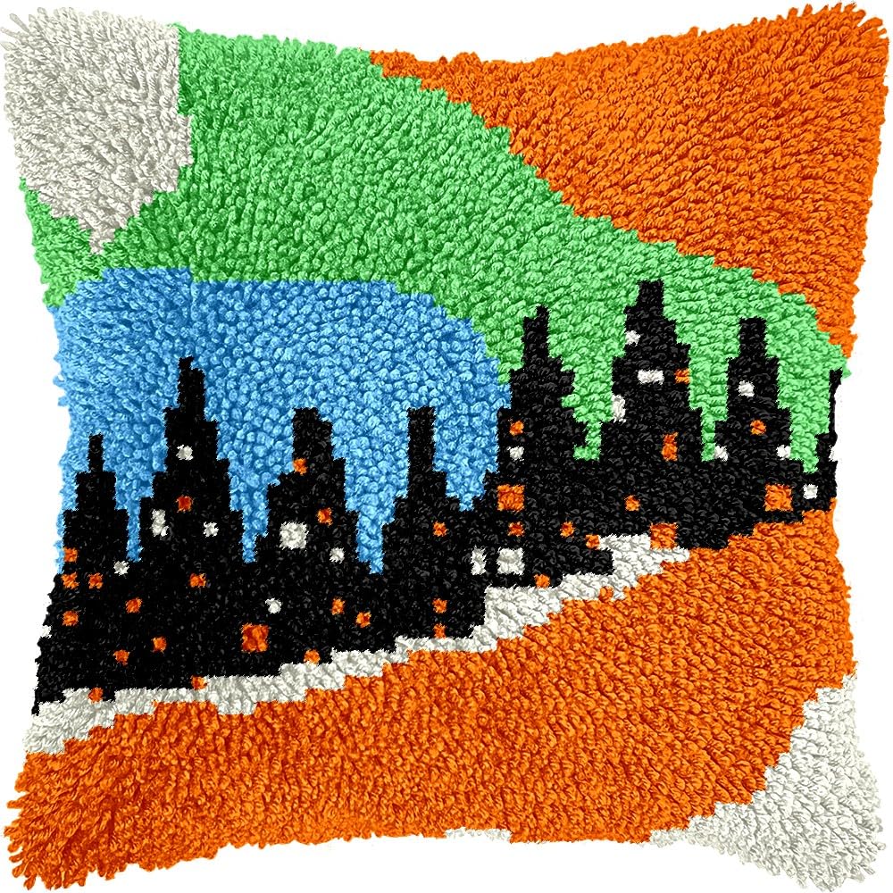 Christmas Pine Trees Latch Hook Pillow Cover Kits for DIY Handmade Throw Pillow Cross Stitch Latch Hooking Pillowcase Kits with Preprinted Color Pattern Canvas Crochet Yarn Kits 17''X 17''(7-60)