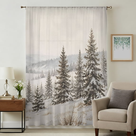 Christmas Pine Trees Sheer Curtains 63 Inches Long, Winter Xmas Tree Country Snowflake Light Filering Curtains, Breathable Simi Curtain Privacy Drapes for Living Room Bedroom Window Treatment