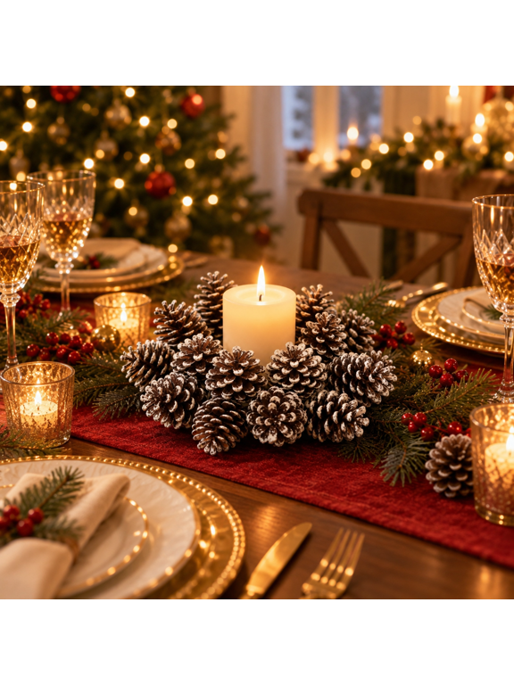 Christmas Pinecone Candle Ring, Snow-Dusted Candle Table Centerpiece, Winter Candle Wreath Tabletop Wreath, Snowy Pinecone Candlestick Ring for Dining Tables, Brown, 8.66 x 8.66 x 3.94 in, 1pc
