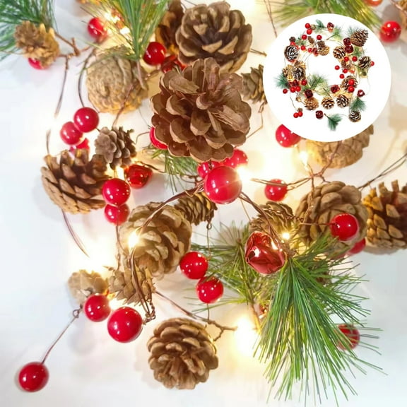 Christmas Pinecone Garland with Red Berries and Bells Artificial Pine Needle Wreath String Lights for Holiday Home Party Decor Indoor Outdoor