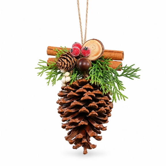 Christmas Pinecone Hanging Ornament, Rustic Pine Cone Decor with Cinnamon Sticks, Berries & Acorn for Xmas Tree, Wreath, Door Wall Home Decoration