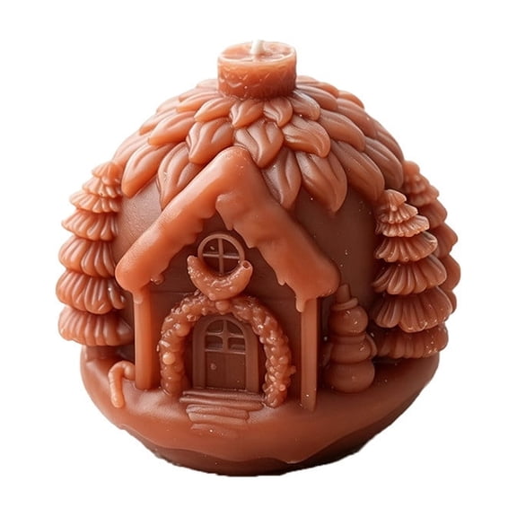 Christmas Pinecone House Candle, 3.0x2.8in Wax Tabletop Ornament with Embossed House and Pine Tree Design, Exquisite and Durable, Xmas Party and Holiday Tabletop Decor Gift