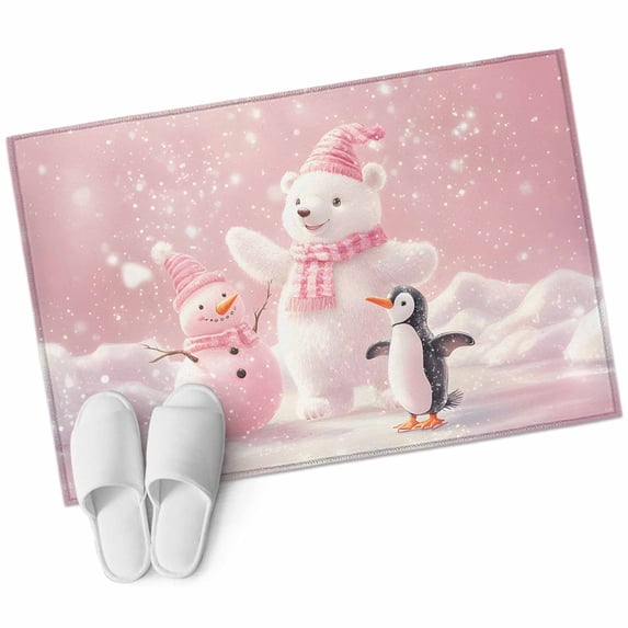 Christmas Pink Bathroom Mat 2x3 FT, Non Slip Small Kitchen Mat, Bear Snowman Cute Animal Ombre Washable Soft Backed Front Door Throw Rug Non-Shedding Indoor Outdoor Doormat for Entryway Sink