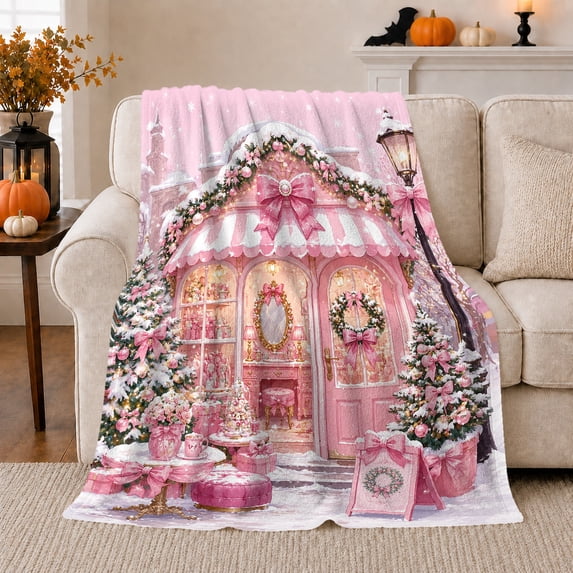 Christmas Pink Boutique Storefront Snowy Village, Festive Holiday Scene, Warm Flannel Blanket for Living Room and Family Room, Art Lovers Christmas Gift, Festive Home Decor