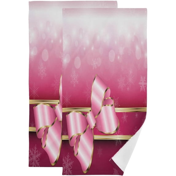 Christmas Pink Bow Hand Towels 2 PCS, Xmas Snowflakes Kitchen Towel Ultra Soft and Highly Absorbent,Decorative Fingertip Face Towel for Bathroom Hotel, 28.3"x14.4"