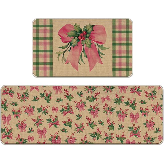 Christmas Pink Bow Kitchen Rugs Set of 2, Xmas Coquette Ribbon Red Berries Preppy Floor Mats Home Decor, Winter Holiday Buffalo Plaid Door Mat Decorations - 17x29 and 17x47 Inches
