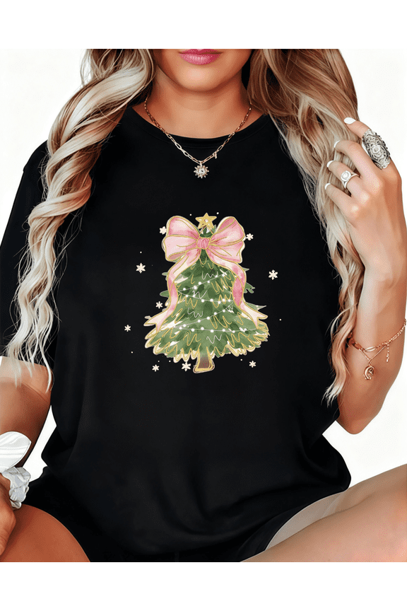 Women Trendy Women 's Graphic Tee T-Shirt Pink Bow Christmas Tree Print Top Short Sleeve Round Neck Black S-5XL