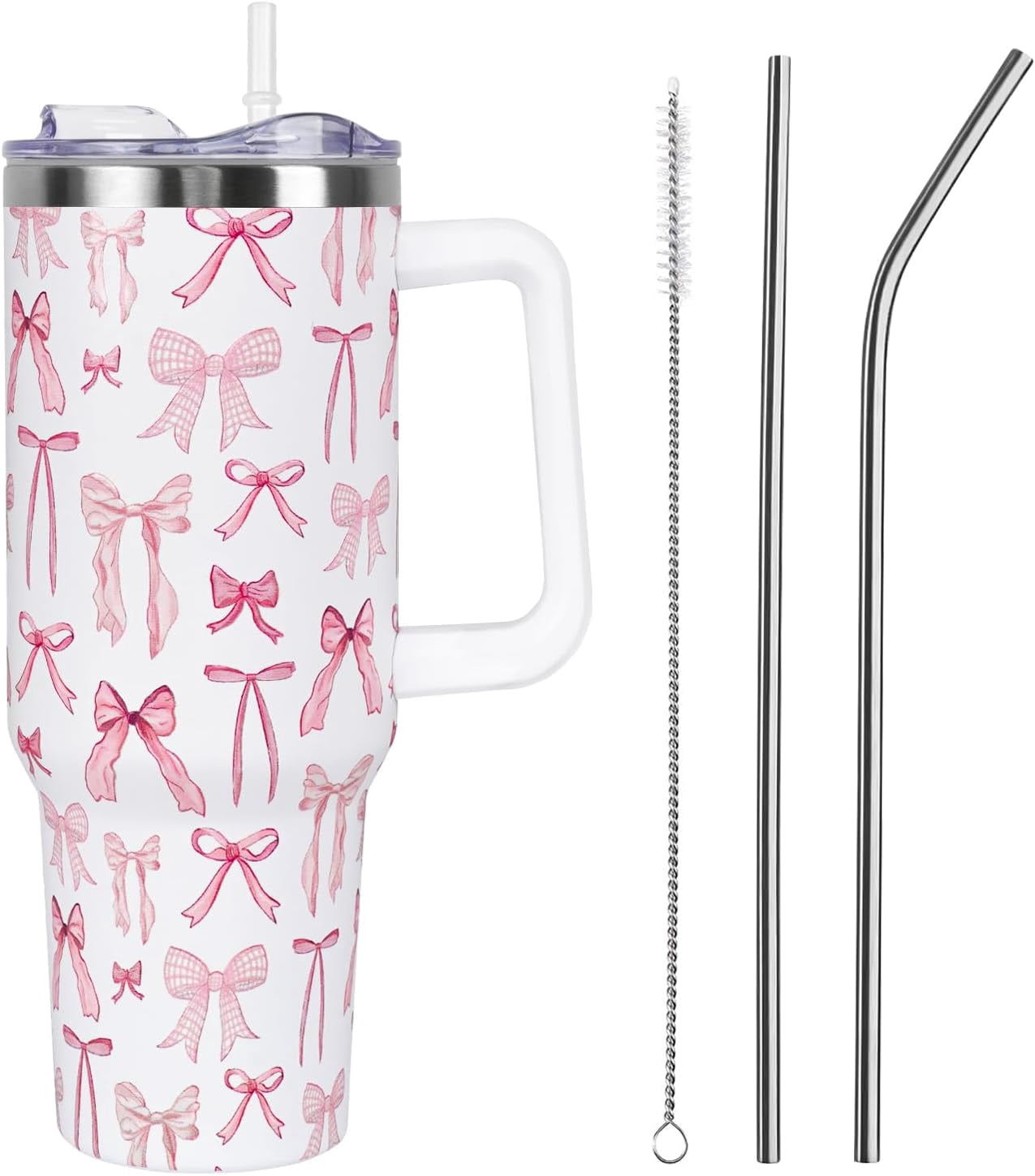 Christmas Pink Bows Tumbler with Handle and Straw Lid 40 oz,Cute Merry Xmas Gifts for Women Vacuum Insulated Leak Proof Tumbler,Winter Holiday Accessories Stainless Steel Coffee Cup Mug