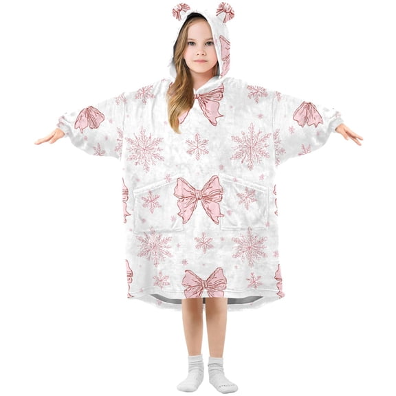 Christmas Pink Bows and Pink Snowflakes Flannel Wearable Blankets Hooded Design Long Sleeves Wrap Unisex for 3T-14Y S
